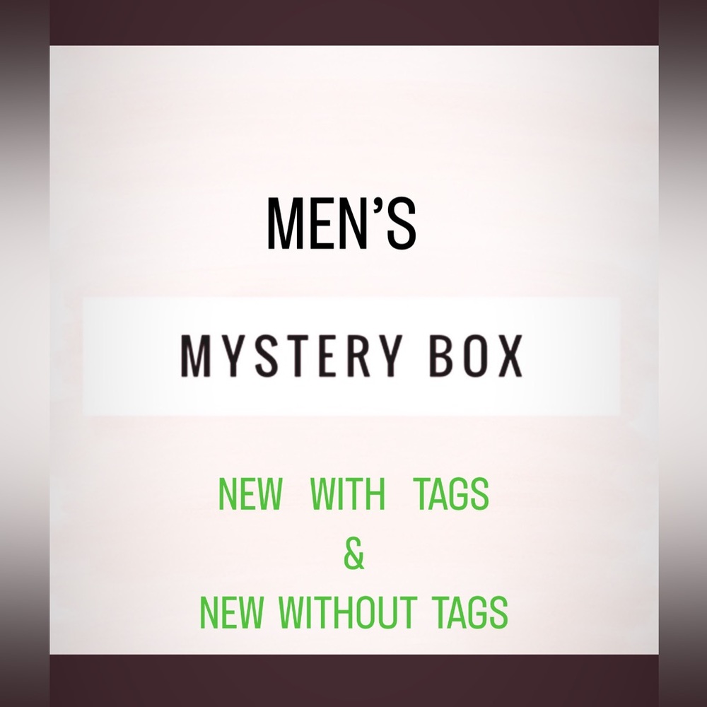 ASSORTED SIZES $125 MENS CLOTHING MYSTERY BOX 7 ITEMS ALL BRAND NEW RESELL BOX